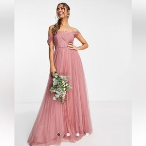 ASOS DESIGN off shoulder tulle maxi dress w/ tie back and pleated skirt in rose